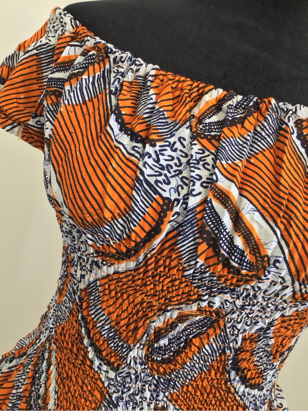 AFRICAN Print, Women’s Handmade Off-Shoulder Orange/Navy Smocked Dress
